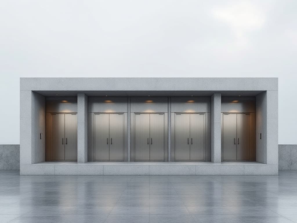 Fünf gleiche Stahltore hintereinander in einer Betonwand