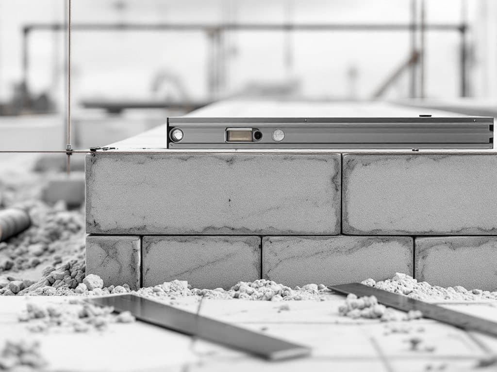 Frisch gesetzte Steinlage mit Wasserwaage, gespannter Richtschnur und Stahllinealen — präzise Handarbeit am Bau