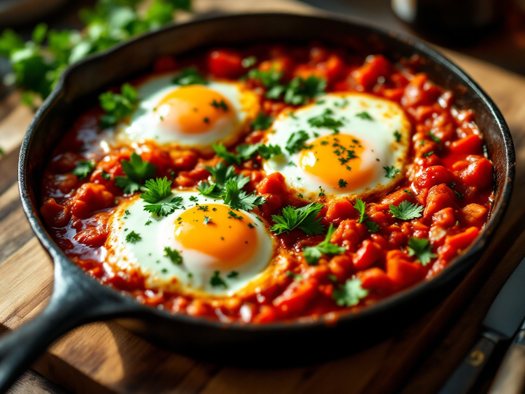 Shakshuka mit pochierten Eiern in Gusseisenpfanne