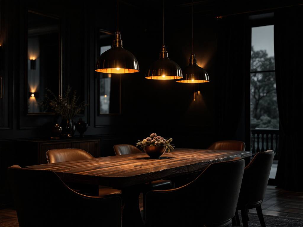 Esszimmer mit Messing-Pendelleuchten über Nussbaumtisch