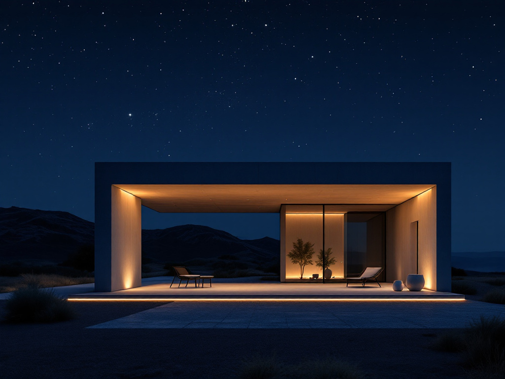 Betonpavillon mit verdecktem warmem Licht bei Nacht