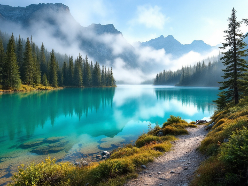 Bergsee mit türkisem Wasser, Kiefernwald und Morgennebel