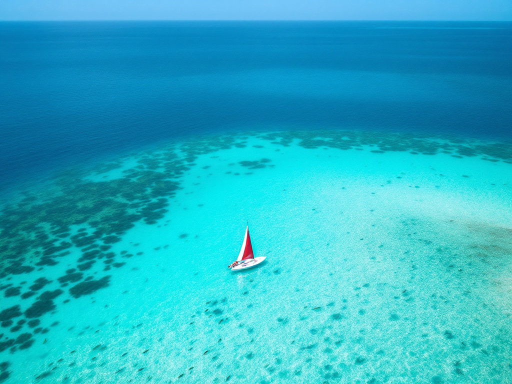 Ein einzelnes Segelboot auf ruhiger türkisfarbener See von oben