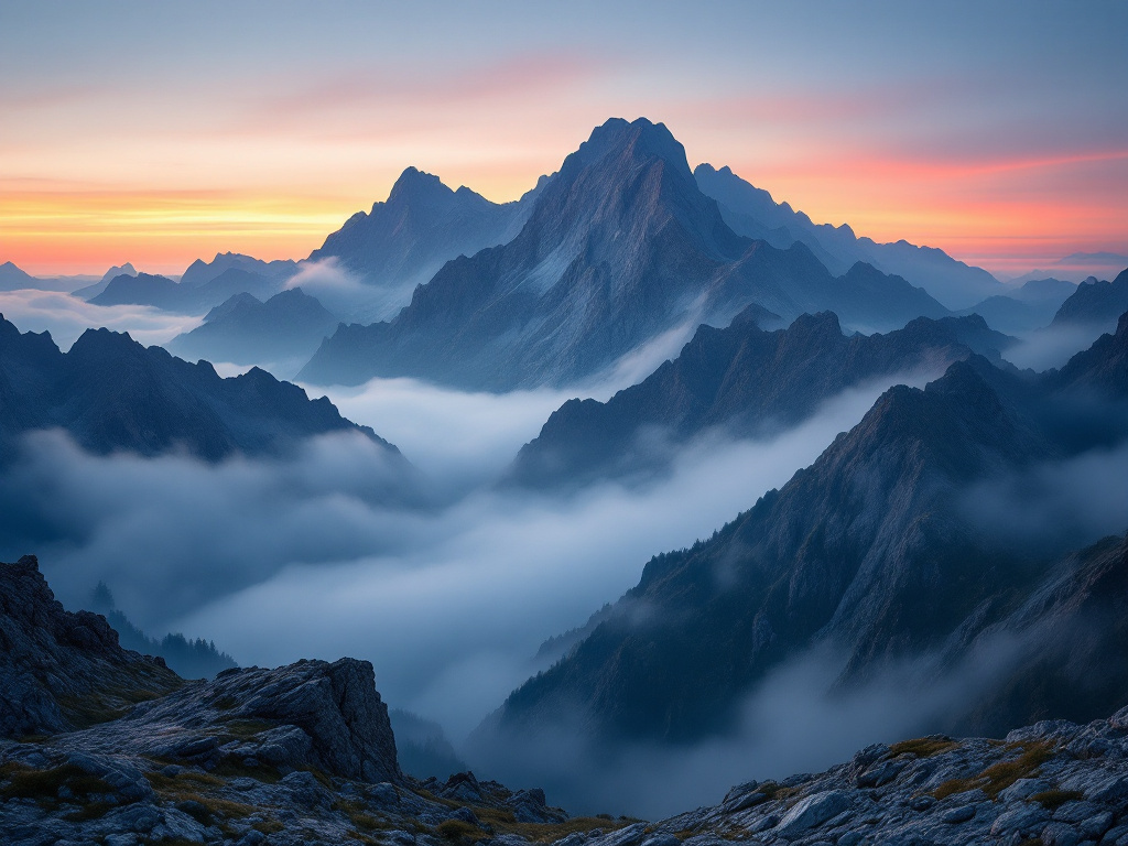 Bergkette in der Dämmerung, Nebel in den Tälern