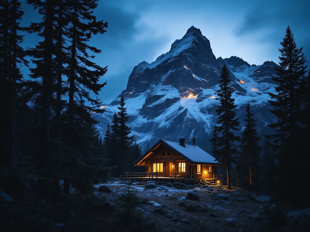 Berghütte mit warm erleuchteten Fenstern zur blauen Stunde