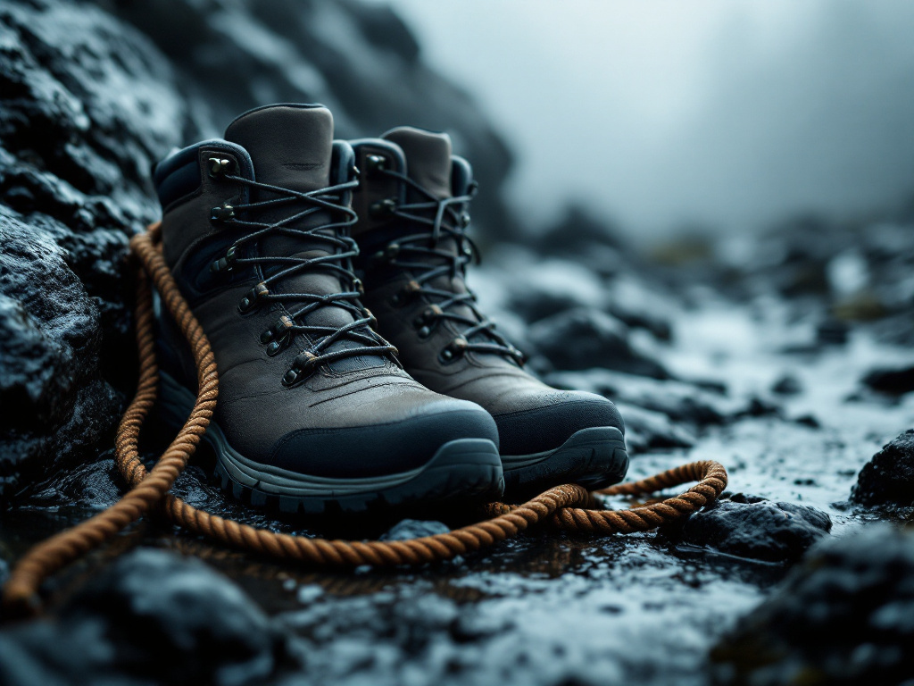 Bergschuhe und Seil auf nassem dunklem Fels im Morgenlicht