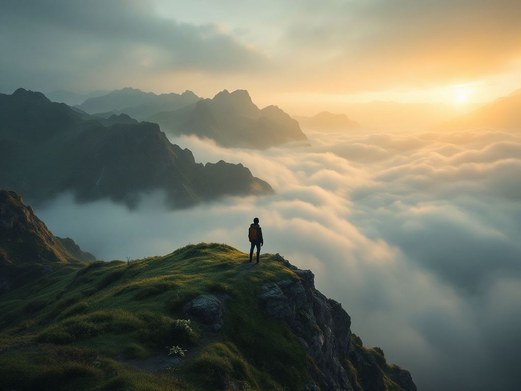 Bergsteigerin auf grünem Grat über dem Wolkenmeer im Abendlicht
