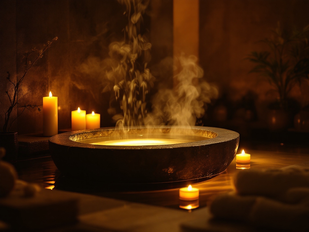 Dunkler Spa-Raum mit Kerzen, Steinbecken und aufsteigendem Dampf