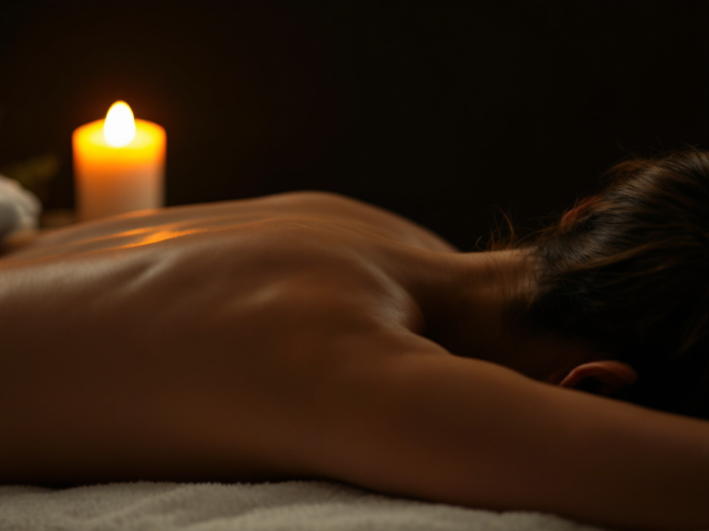 Rücken einer liegenden Person im warmen Kerzenlicht während einer Massage